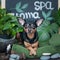 Massage and spa, a dog among the spa care items and plants. Funny concept grooming, washing and caring