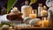 Massage stones, spa treatment candles fire table relax care background composition