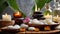 Massage stones, spa treatment candles fire table relax care meditation composition