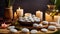 Massage stones, spa treatment candles fire wellness relax care background composition