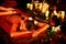 Massage stones of woman in spa salon. Girl candles background.
