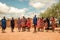 Massai men, wearing traditional blankets, overlooks Serengetti in Tanzania and Kenya in traditional massai village