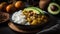 Massaman curry with avocado, potatoes, and beef served over rice