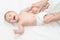 The masseur gives a gymnastic to the newborn baby. Massage for children relieving tone