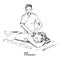 Masseur massaging a young woman, hand drawn doodle, sketch in pop art style, black and white illustration