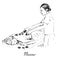 Masseur massaging a young woman with hot natural basalt stones, hand drawn doodle, sketch in pop art style, black and white vector