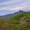 Massif of Pip Ivan mountain with the ruins of the observatory on top. Rhododendron flowers on slope