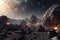 massive asteroid field with rocky debris and dust clouds, illuminated by a nearby star