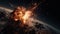 a massive asteroid impact, with fiery debris flying through space