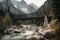 massive bridge crossing a vast, roaring river in the mountains