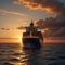 A massive cargo ship sailing in the ocean at sunset. 01.