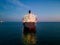 A massive cargo ship wood chips carrier in the sea, aerial view