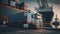 A massive cargo truck is seen on a highway, hauling goods from a busy harbor. The truck\\\'s flatbed is loaded with shipping