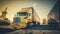 A massive cargo truck is seen on a highway, hauling goods from a busy harbor. The truck\\\'s flatbed is loaded with shipping
