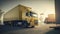 A massive cargo truck is seen on a highway, hauling goods from a busy harbor. The truck\\\'s flatbed is loaded with shipping