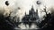 Massive Castle with Ominous Towers full Moon Casting Eerie Shadows in The Cosmos Paint Art on Canvas AI Generative