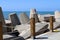 Massive concrete blocks and large stones are laid in a breakwater on the shores of the Mediterranean Sea