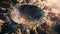 A massive crater surrounded by jagged rocks and dust evidence of the immense force of a meteor impact