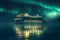 Massive cruise ship set against a backdrop of mesmerizing aurora lights, AI-generated.