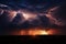 Massive dusk lightning bolts paint open plain amidst fiery storm