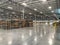 Massive Empty Industrial Warehouse Interior With Stacked Pallets