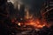 Massive Fire Engulfs Urban Area, Threatening Citys Safety and Buildings, War city dangerous disaster, Illustrative apocalypse,