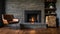 Massive fireplace with burning logs inside. Interior design concept. Cozy and warm idea.