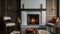 Massive fireplace with burning logs inside. Interior design concept. Cozy and warm idea.