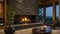 Massive fireplace with burning logs inside. Interior design concept. Cozy and warm idea.