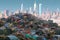 Massive heap of trash, juxtaposed with a beautiful cityscape in the background, a concept of ecological issues. Generative AI