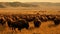 A massive herd of wild bison roaming across a yellow dry grassy landscape created with Generative AI