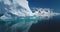 Massive iceberg cave icicles reflect in calm water