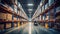 Massive Industrial Warehouse with High Shelves, Cardboard Boxes and Forklift. Distribution Center Storage Facility Interior