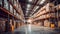 Massive Industrial Warehouse with High Shelves, Cardboard Boxes and Forklift. Distribution Center Storage Facility Interior