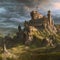 Massive medieval castle with fortifications in the style of Baroque painting ai Generated, generative AI, CGI graphics