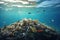 Massive Ocean Trash Pollution, A Vast Amount of Floating Debris Endangering Marine Life, Underwater view of a pile of garbage in
