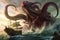 massive octopus kraken battling giant dragon in epic fantasy world