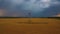 Massive power line pole in the middle of the wheat field with dark clouds on the background