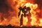 A massive robot stands resolutely in front of an intense blaze, emanating strength and power, A firefighting robot extinguishing a