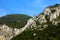 Massive from the Romanian Carpathian Mountains with cliff showing bare rocks and green forests.