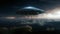 A massive spaceships known as mothership takes position over cloud for a invasion. AI Generative