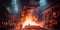 A massive steel mill with towering furnaces and sparks flying as raw materials are transformed into beams and plates for