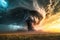 A massive tornado creates chaos as it engulfs an open field, leaving destruction in its wake, A dramatic skirmish of lightning and