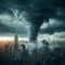 Massive tornado dominates cityscape in turbulent storm scene