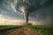 A massive tornado swirls in the air, erupting from a massive cloud formation, A majestic tornado forming over calm farmlands, AI