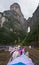 Massive tourist crowds at the foot of Tianmen Mountain