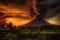 Massive volcano eruption. A large volcano erupting lava and gases into the atmosphere. Generative AI