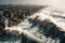 A massive wall of water crashes onto the shore of a coastal city, buildings and infrastructure no match for the