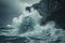 A massive wave crashes forcefully into a rugged cliff, creating a dramatic display of natures strength, Wild waves crashing