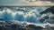 A massive wave forcefully crashes onto the rocky shoreline, creating a dramatic spectacle of spray and foam, Crashing waves